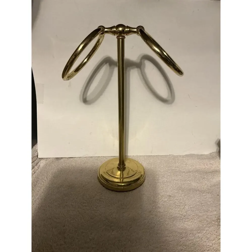 Vintage Brass Hand Towel Holder Stand Double Ring Bathroom Countertop MCM Gold